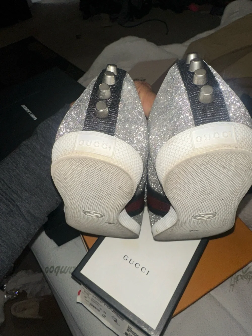 Gucci Silver Glitter Sneakers with Black Ribbon Detail